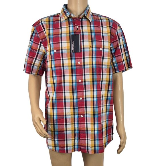 Roundtree & Yorke Men's Size L Short Sleeve Shirt Plaid Red Blue Button Up (56 - Picture 2 of 8